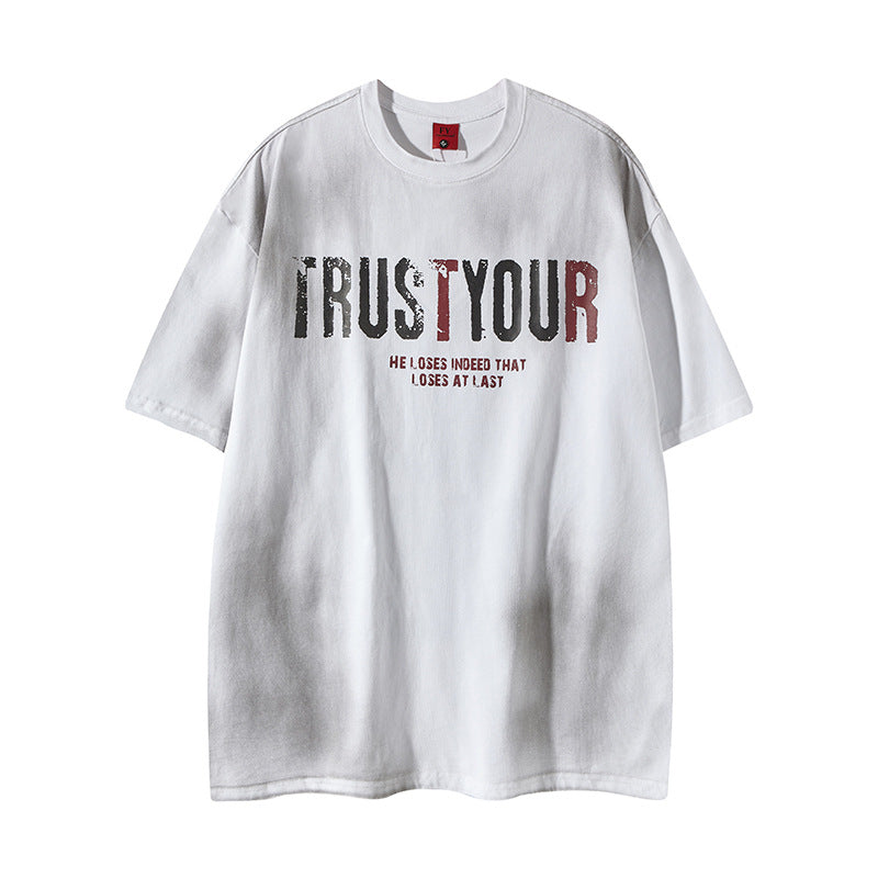 New York Hip Hop Style Vintage Alphabet Print Crew Neck Short Sleeve T-Shirt