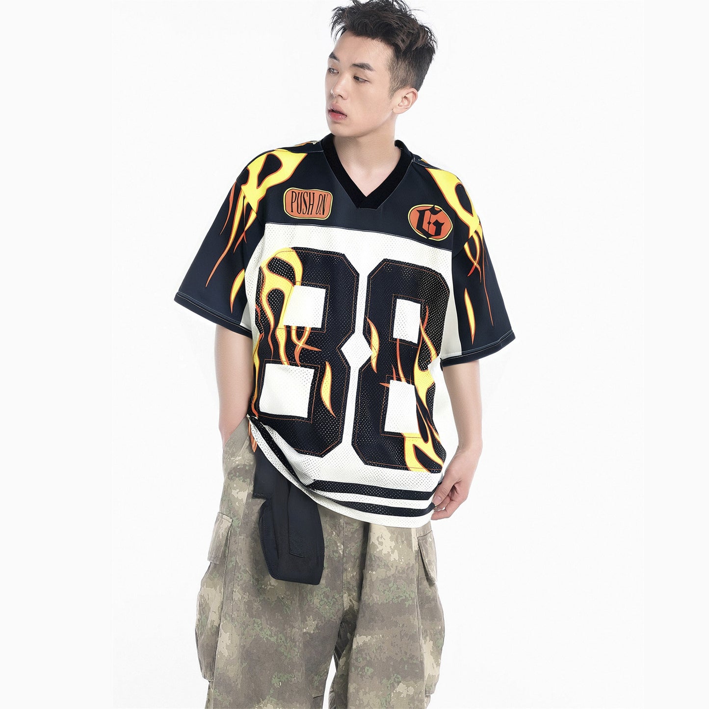 USA Vintage T-Shirt Vintage Letter Print Splicing Mesh V-Neck Jersey Men's Summer Loose