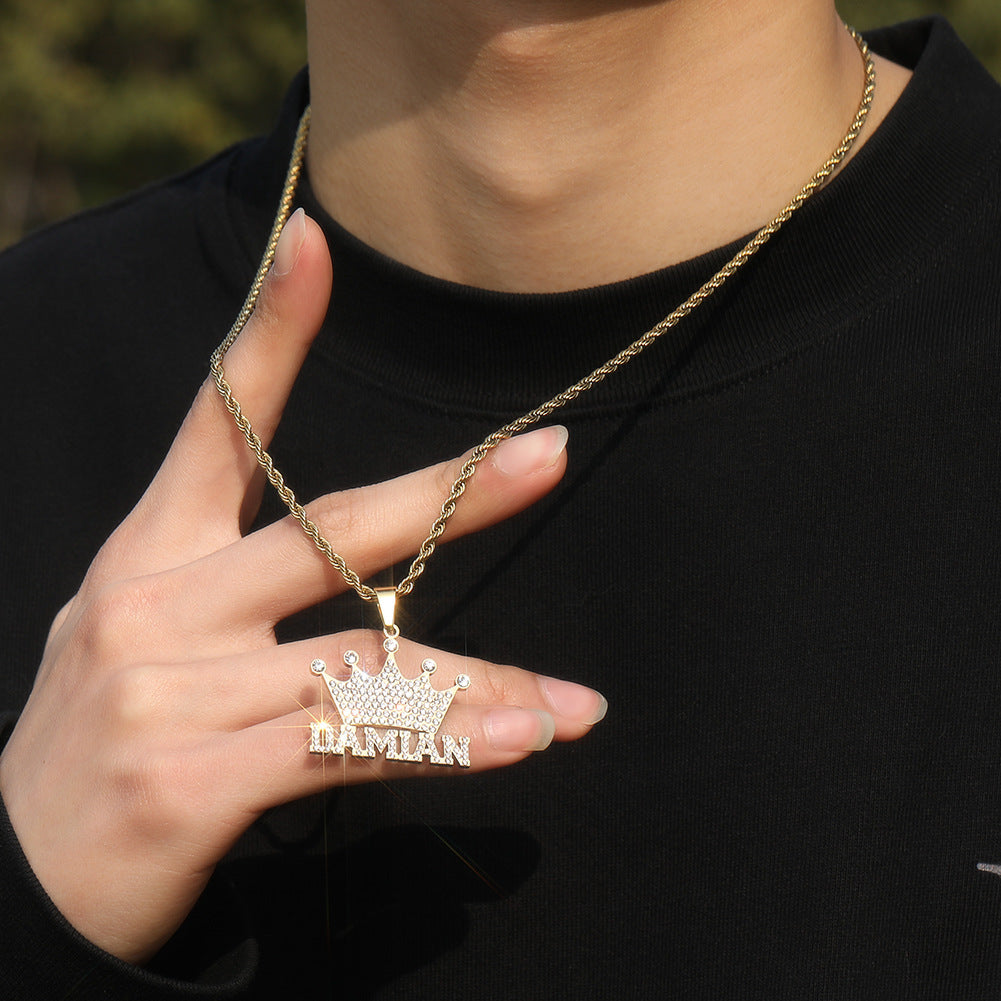Jewelry Fashion Hip Hop Stainless Steel Diamond Letter Crown Pendant Necklace Royalty Word Up rapper