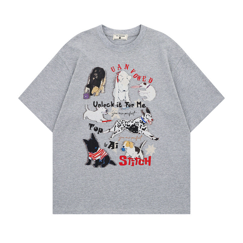 US drip outfits summer vintage doggy print casual loose short sleeve T-Shirts