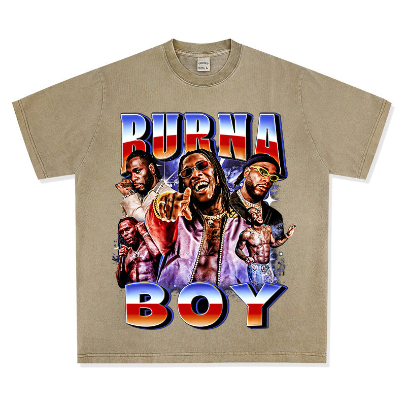 Streetwear masculino vintage hip hop Burna Boy print short sleeve t-shirt