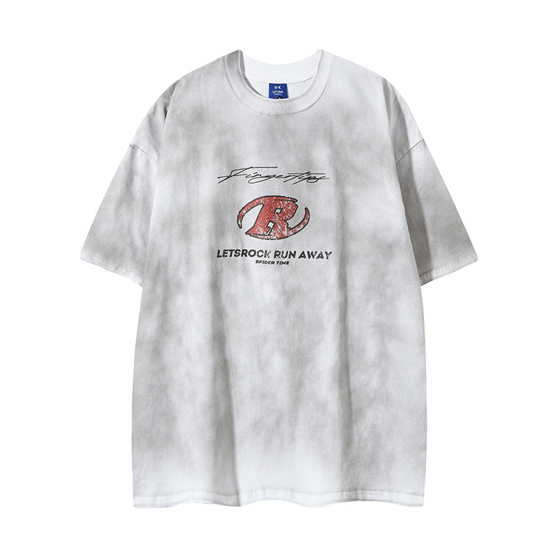 Camisas Retros wash gradual change print men's casual loose sports T-shirt
