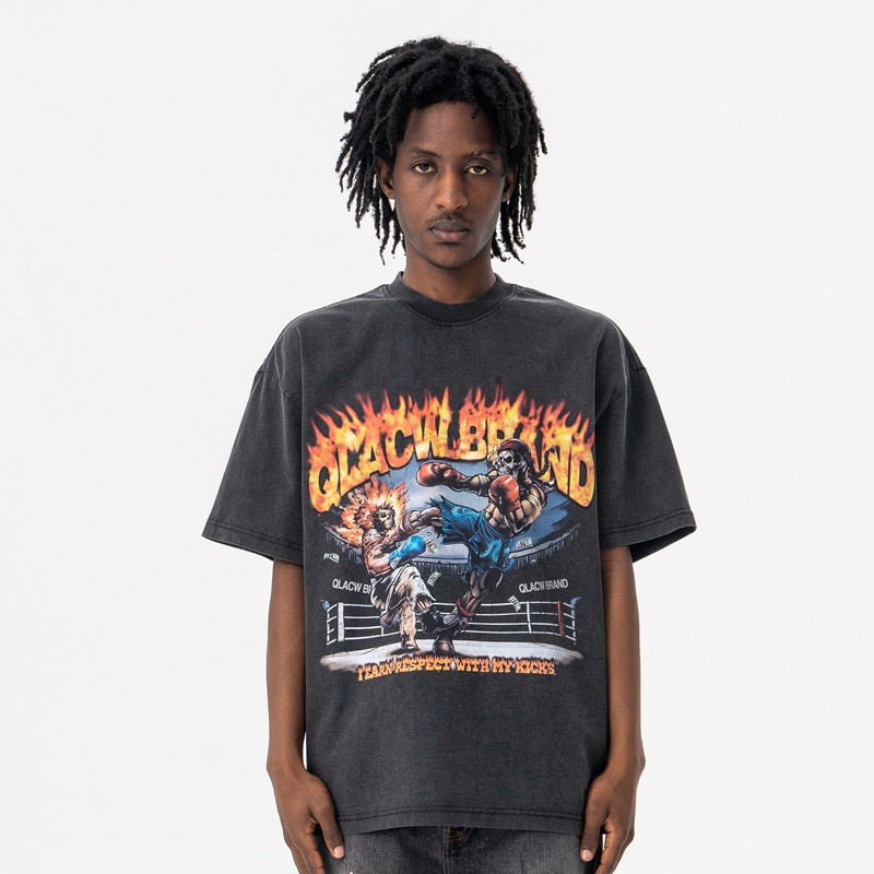 Vic Streetwear Summer Boxer Print Wash Water Short Sleeve T-Shirt