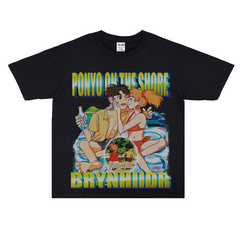 Film Star T Shirt Japanese Cartoons Animation Ponyo on the Cliff by the Sea Movie Loose Heavy Street Cotton T-shirt