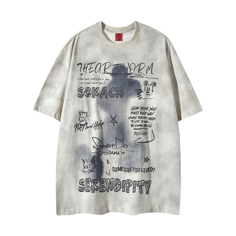 New York Hip Hop Style Vintage Alphabet Print Crew Neck Short Sleeve T-Shirt