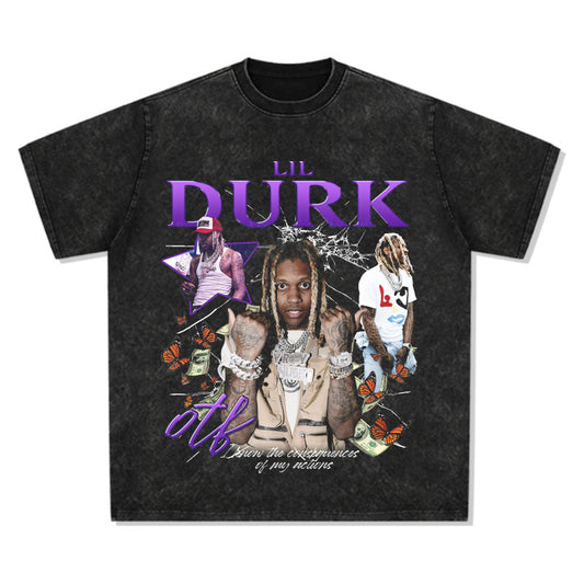 Streetwear masculino vintage hip hop lil durk print short sleeve t-shirt vintage