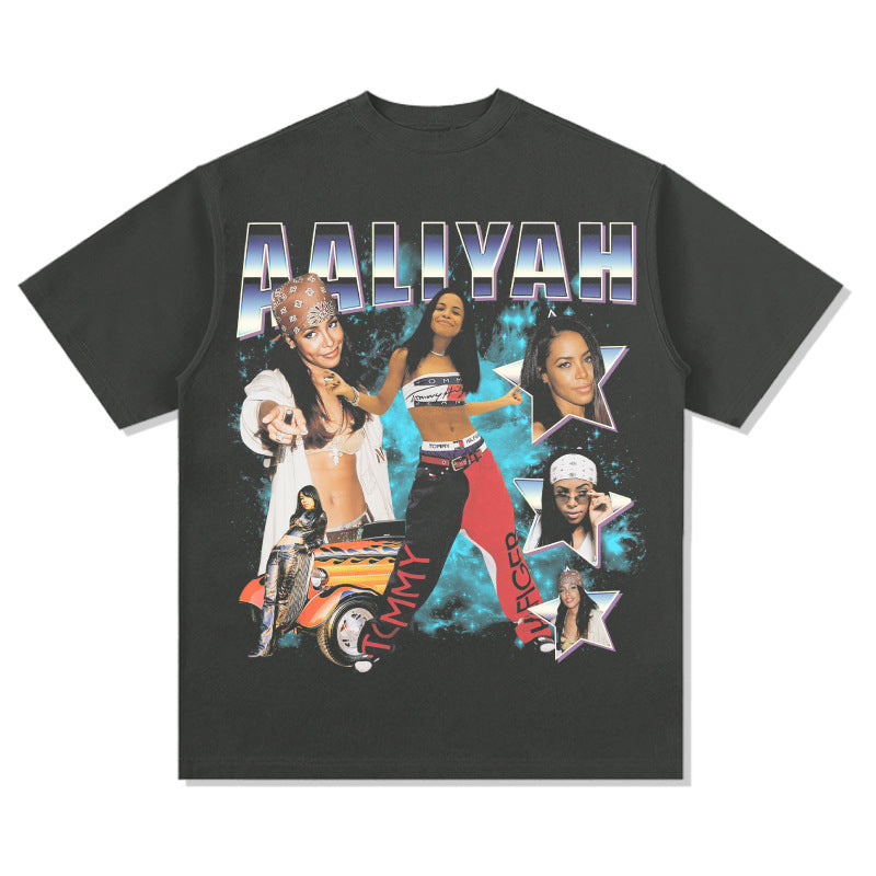 Streetwear masculino vintage hip hop rap Aaliyah print short sleeve t-shirt