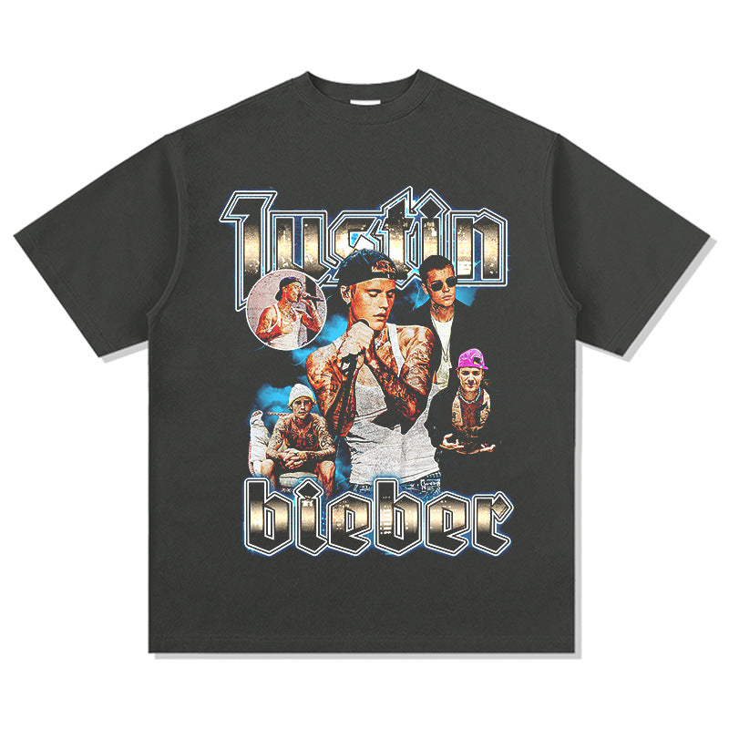 Cool t rapper Justin Bieber print vintage short sleeve t-shirt