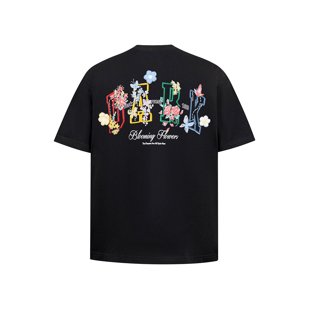 Hip Hop Clothes New York Vintage Embroidery Floral Alphabet Print Short Sleeve T-Shirt