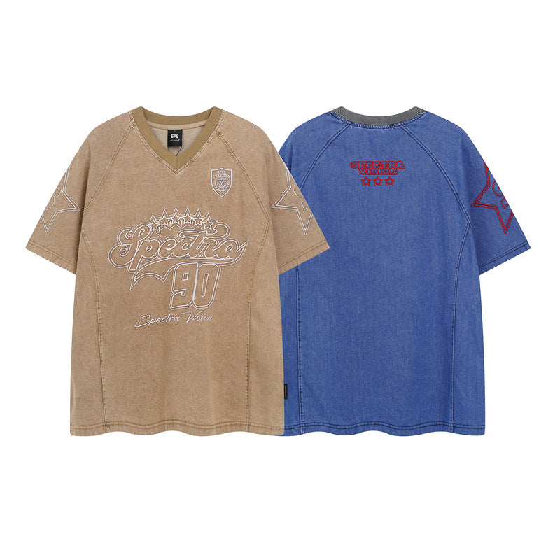 Y2K mens shirt washed tie-dye spray-painted retro V-neck men's short-sleeved T-shirt