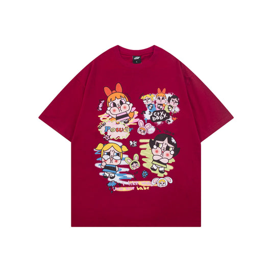 Distorted vintage cartoon flying policewoman print short sleeve t-shirt