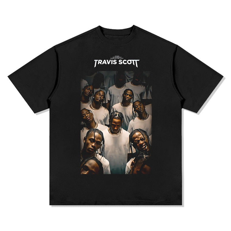 Streetwear masculino hip hop Travis scott rap character print washed do old loose short sleeve t-shirt