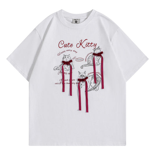 Camisetas streetwear Summer Vintage Kitten Butterfly Tassel Casual Loose Short Sleeve T-Shirt
