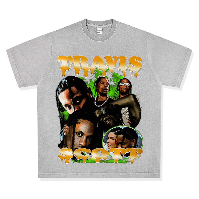 Streetwear masculino vintage hip hop Travis Scott Travis print short sleeve t-shirt