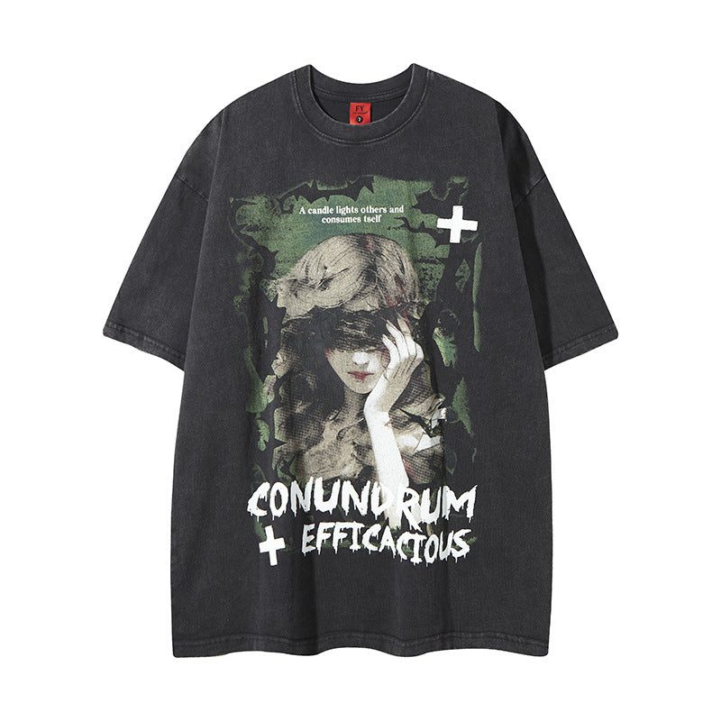Distorted vintage summer wash do old character print short sleeve t-shirt loose top