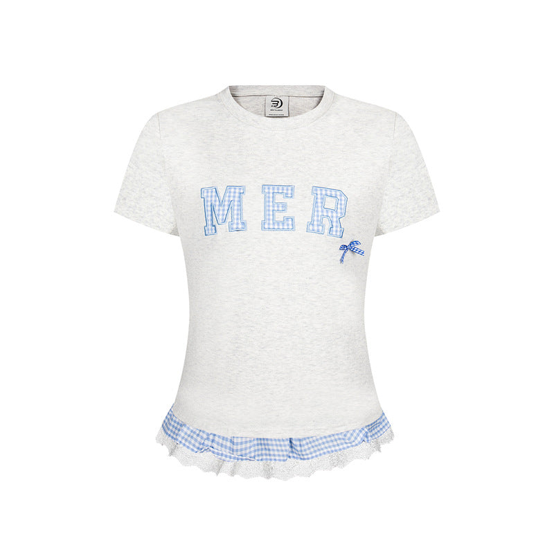 Casual Street Wear Embroidered Classic Alphabet Bow T-Shirt Crew Neck