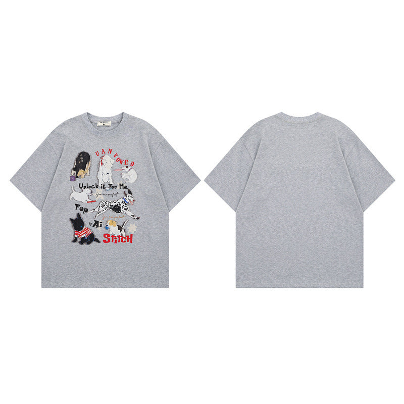 US drip outfits summer vintage doggy print casual loose short sleeve T-Shirts