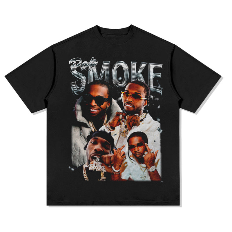 Cool t rapper Vintage Hip Hop Pop Smoke Printed Short Sleeve T-Shirt Washed Casual Loose Crew Neck