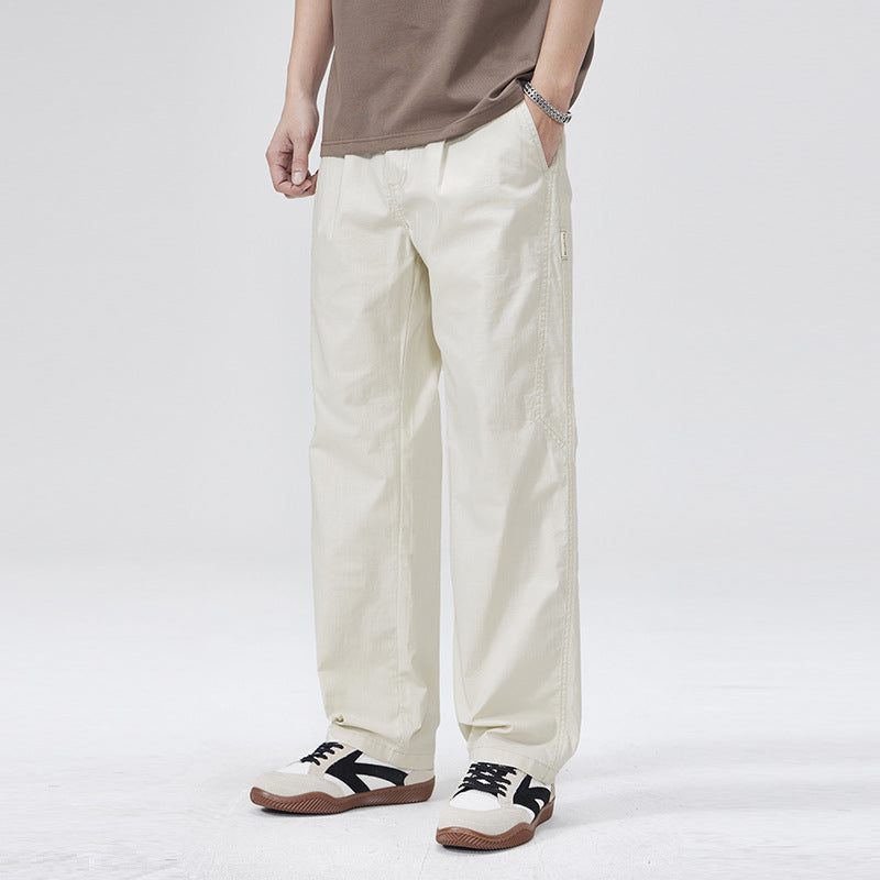 Men Casual Pants Straight Spring Pants Textured Loose Wide Leg Tooling