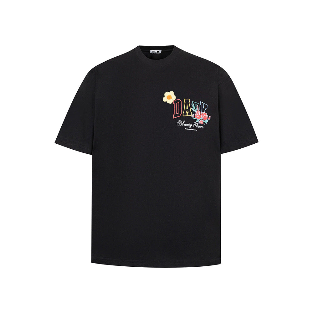 Hip Hop Clothes New York Vintage Embroidery Floral Alphabet Print Short Sleeve T-Shirt