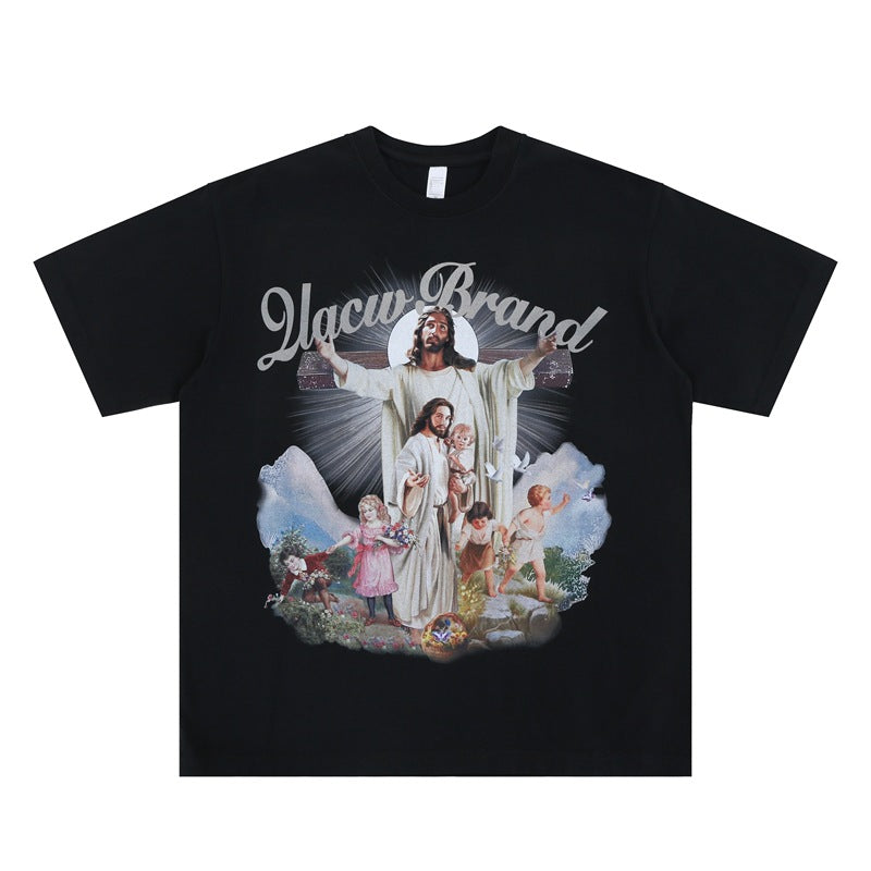 Vic Streetwear Summer Angel Print Crew Neck Short Sleeve T-Shirt