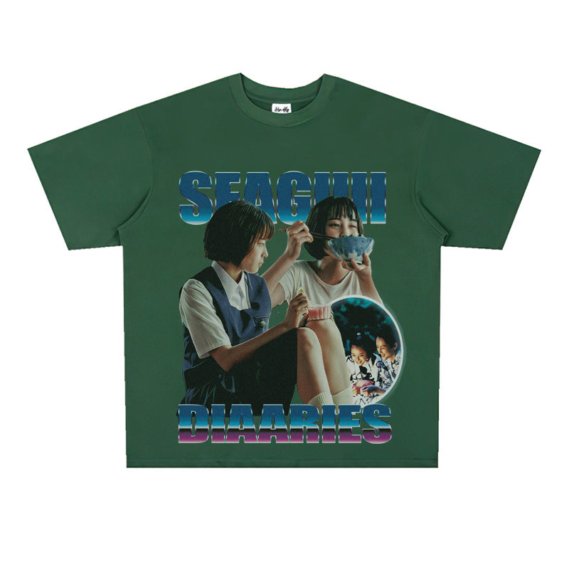 Film Star T Shirt Sea Street Diary Loose Retro Street Pure Cotton American T-shirt Men and Women