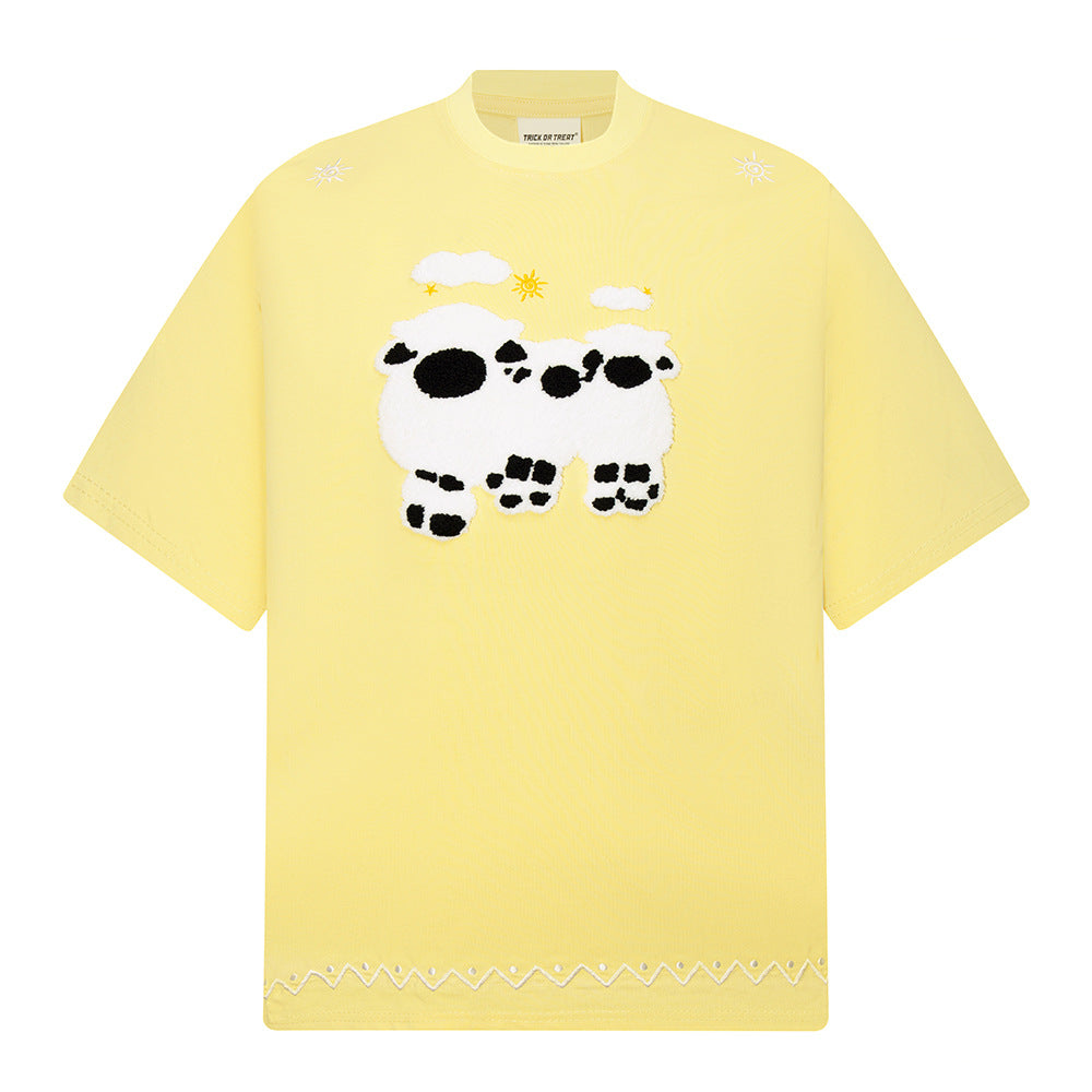 New York Hip Hop Style Vintage Lamb Embroidered Short Sleeve T-Shirt Summer Oversize Casual Top