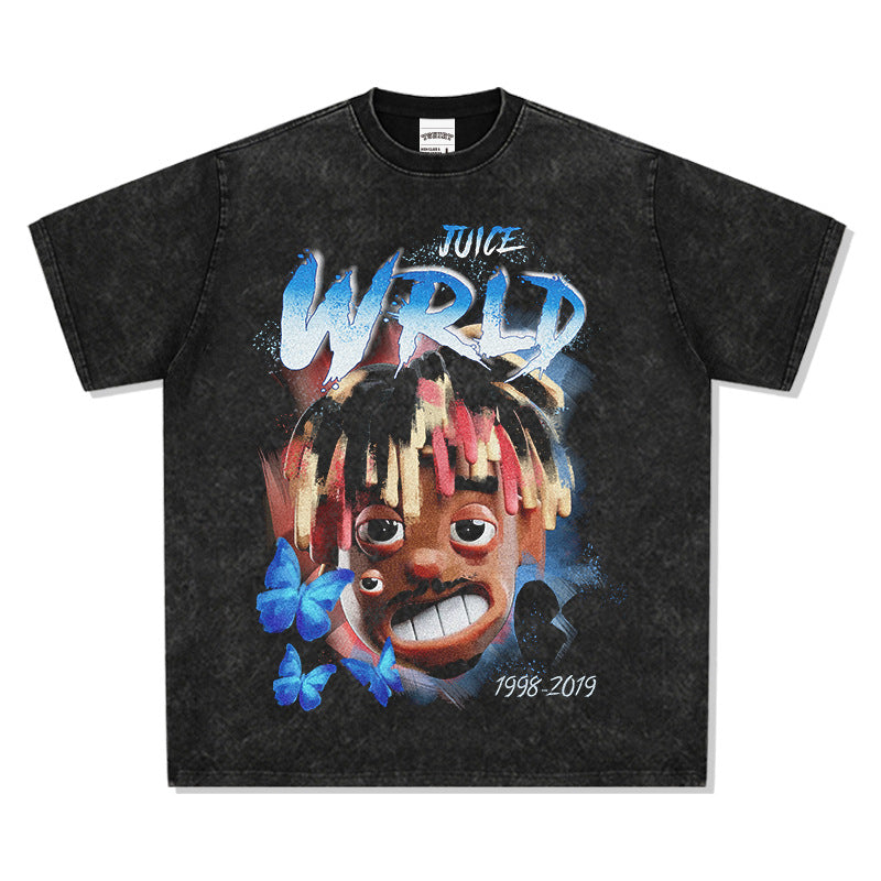 Cool t rapper rap Juice Wrld print hip hop short sleeve vintage loose