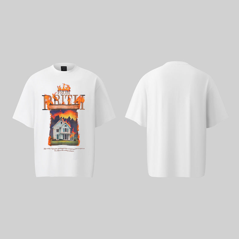 Camisas Retros White Ink Fire House Pattern 3D Printed Design Short Sleeve T-Shirt
