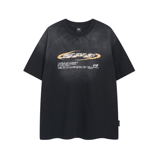 Y2K mens shirt washed tie-dye spray-painted letters hip-hop retro waste crew neck men's short-sleeved T