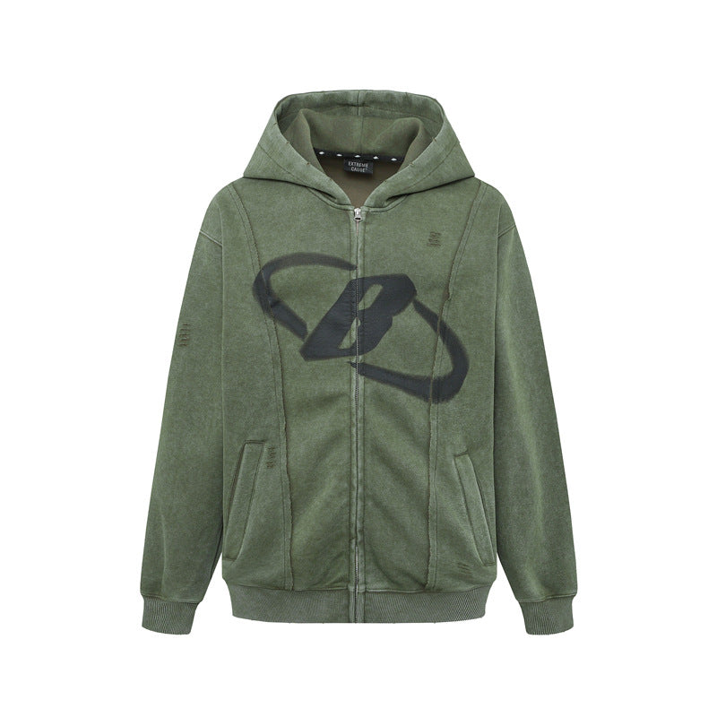 Streetwear Hoodie Hip Hop Vintage Washed Old Hooded Sweater Zip Cardigan Jacket