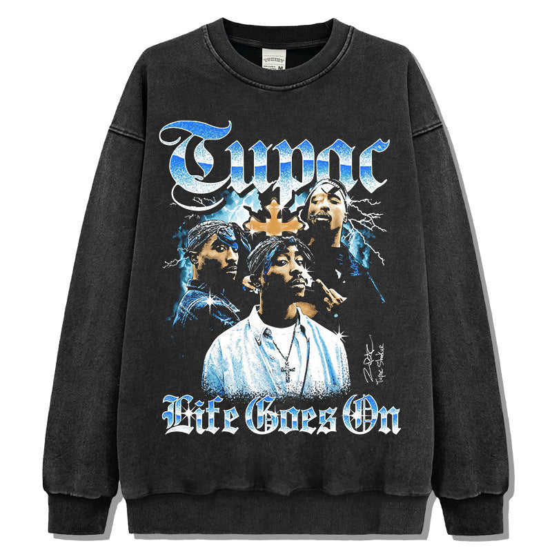 Streetwear masculino vintage Tupac print crew neck sweater high