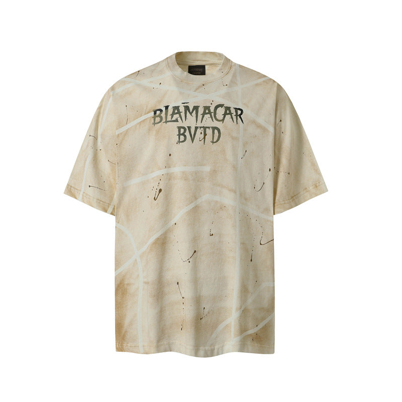 Camisas Retros Washed Hip Hop Tie-Dye Alphabet Print Short Sleeve T-Shirt