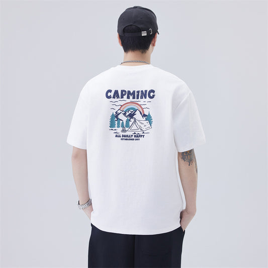 Mens T-shirts Summer Short Sleeve Loose Vintage Print