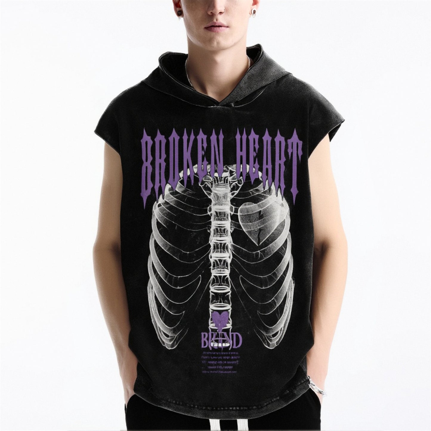 Distorted vintage sleeveless t-shirt loose casual hooded vest