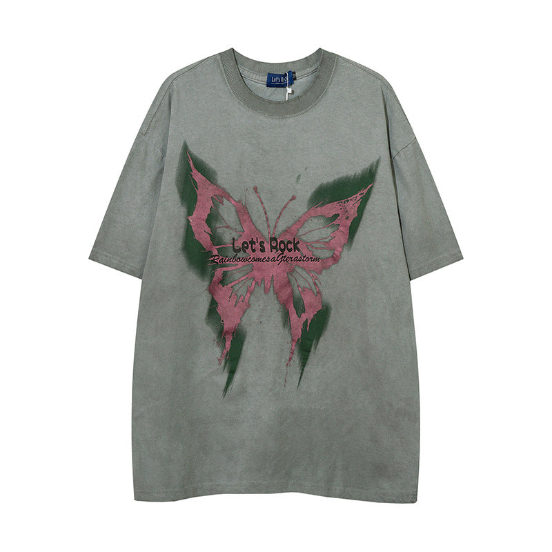 Vintage T Shirts Hip Hop Retro Butterfly Print Wash Short Sleeve T-Shirt