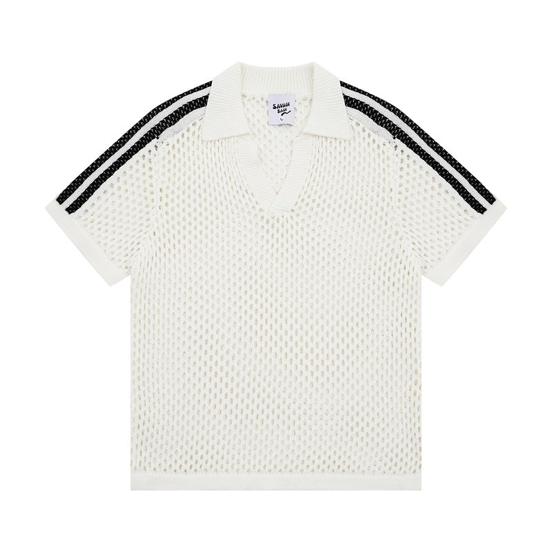 Hip Hop Shirts For Boys Striped Hollow Mesh Knitted POLO Shirt