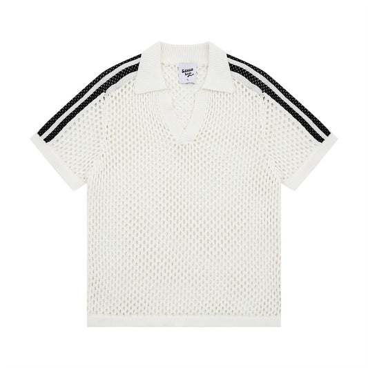 Hip Hop Shirts For Boys Striped Hollow Mesh Knitted POLO Shirt