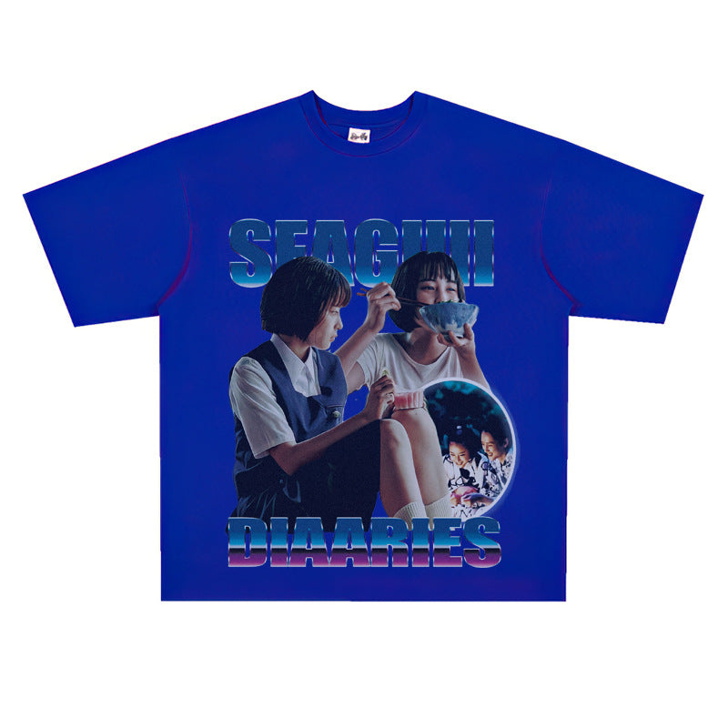 Film Star T Shirt Sea Street Diary Loose Retro Street Pure Cotton American T-shirt Men and Women