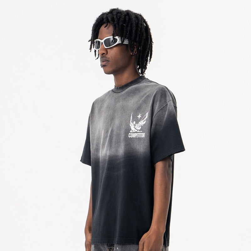 Vic Streetwear summer retro old gradual change washed letter print crew neck short sleeve T-shirt