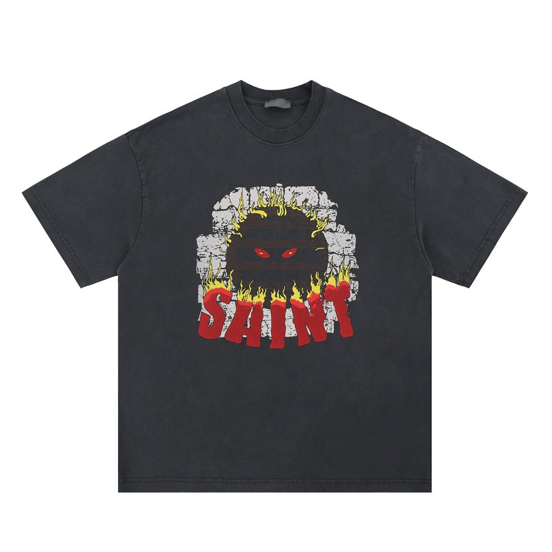 Vintage College Shirts Summer Flame Demon Character Crew Neck Loose Short Sleeve T-Shirt