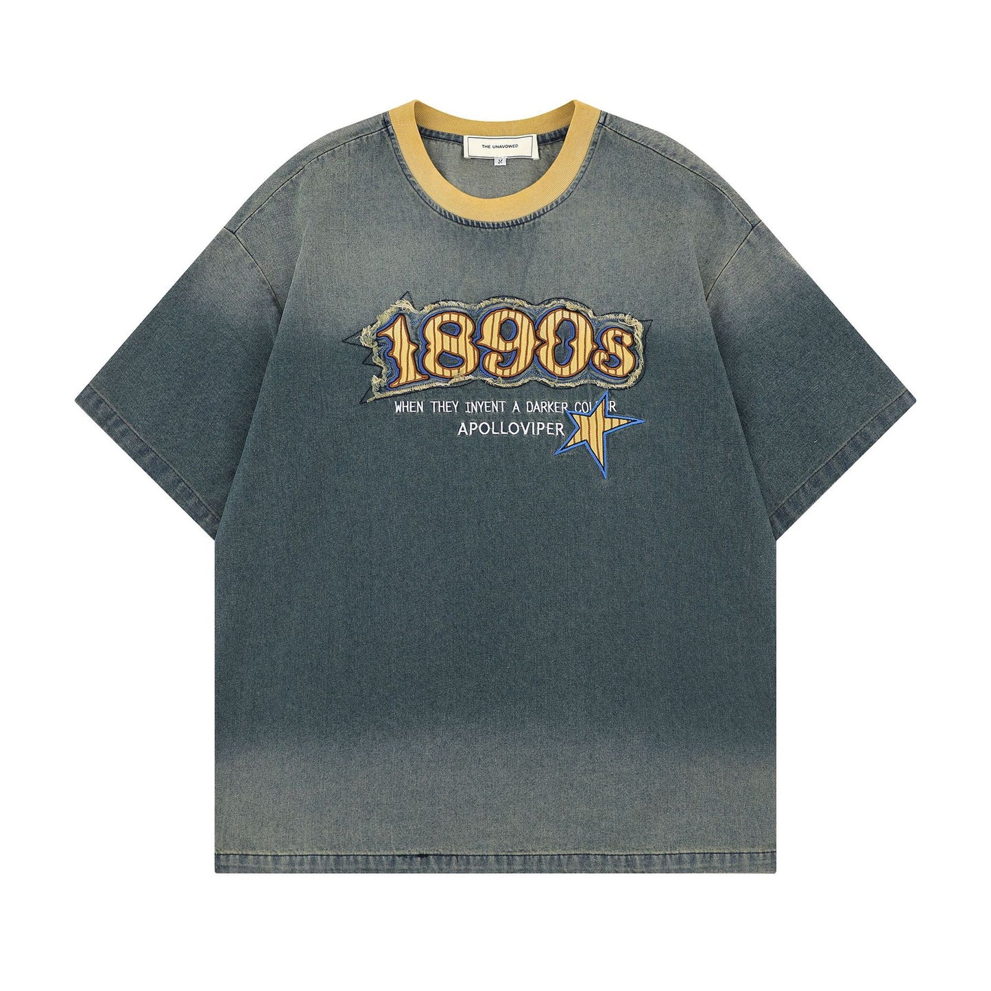 Hip Hop Clothing Summer Vintage Embroidery tee Washed Denim Short Sleeve T-Shirt