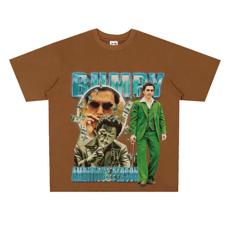 Film Star T Shirt Loose Heavy Retro Street Cotton Small Neckline T-shirt for Men and Women