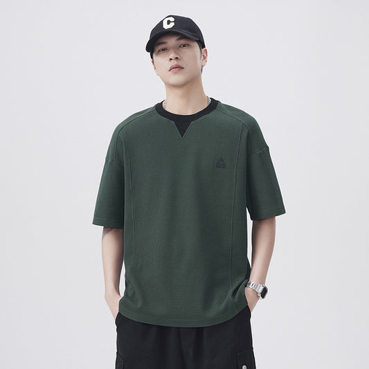 Men T-shirts Fake two-piece splicing short-sleeved top Summer loose