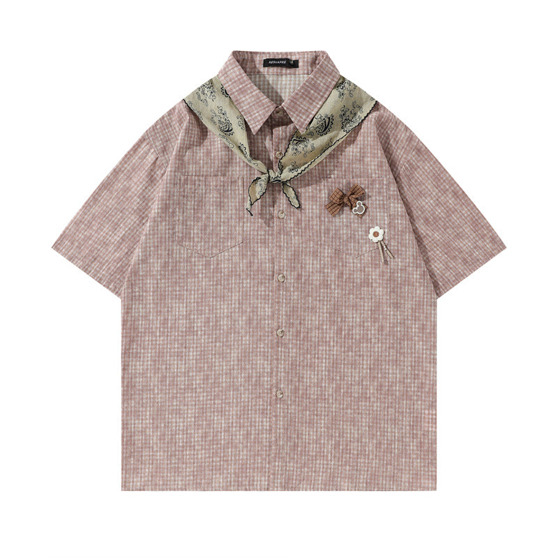 Y2K mens shirt retro loose sports short-sleeved lapel shirt