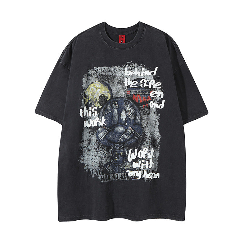 Hip Hop Clothes New York Vintage Washed Old Alphabet Embroidery Short Sleeve Loose Hip Hop T-Shirt