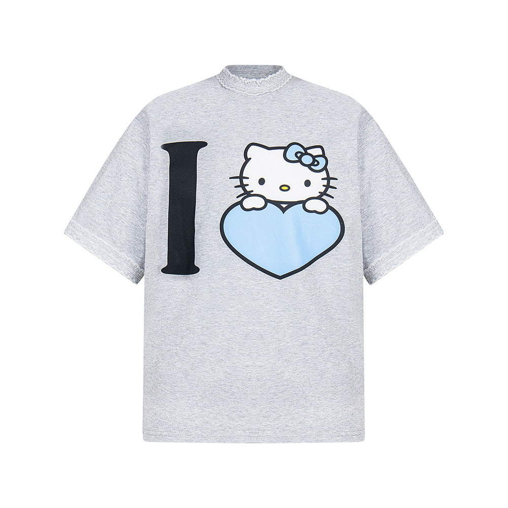 New York Hip Hop Style Hello Kitty Print Vintage Short Sleeve T-Shirt