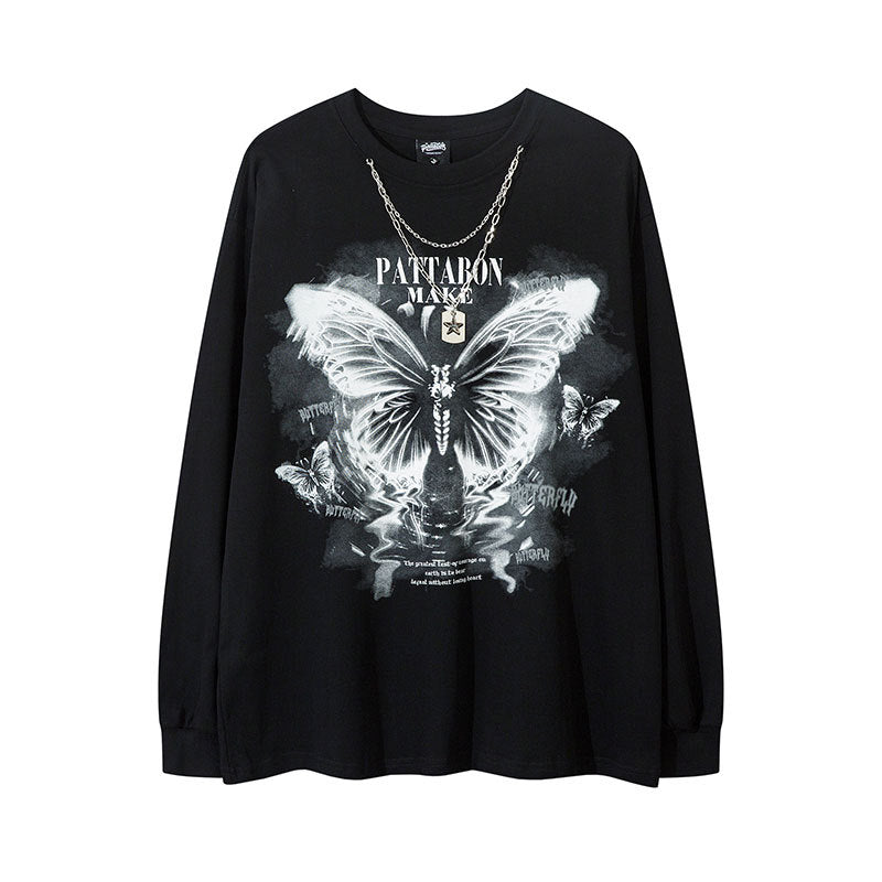 Marcas De Streetwear Butterfly Print Necklace Sweater Loose Long Sleeve T-Shirt