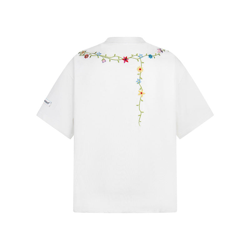 Casual Street Wear Embroidered Flower Necklace Crew Neck Short Sleeve Shirt