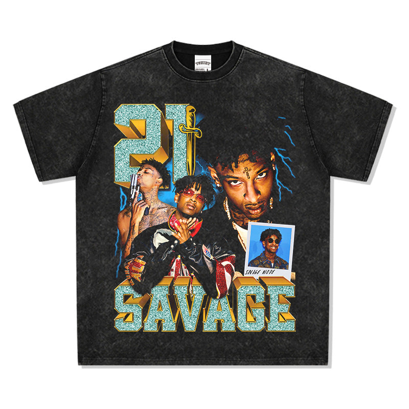 Streetwear masculino hip hop 21 savage print vintage hiphop short sleeve t-shirt